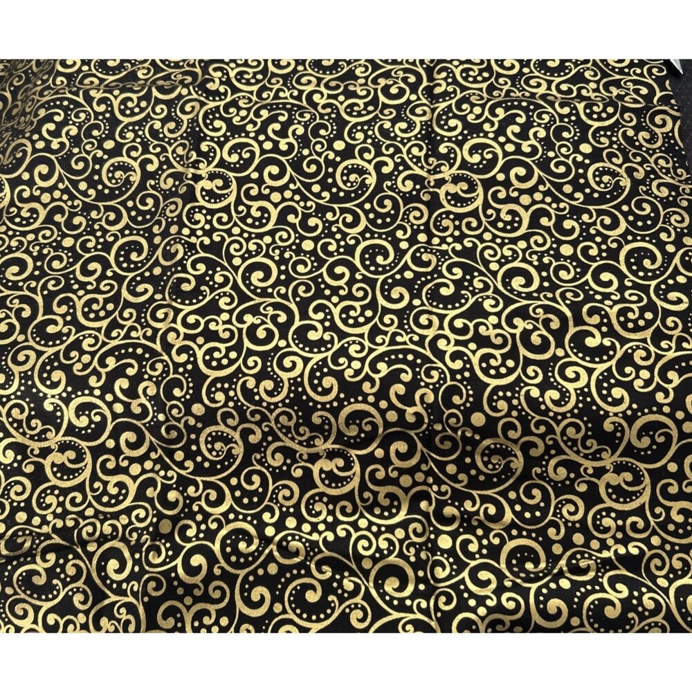 Lux  Timeless Treasures Black Gold Metallic Scroll Cotton Quilting Fabric 46X42
